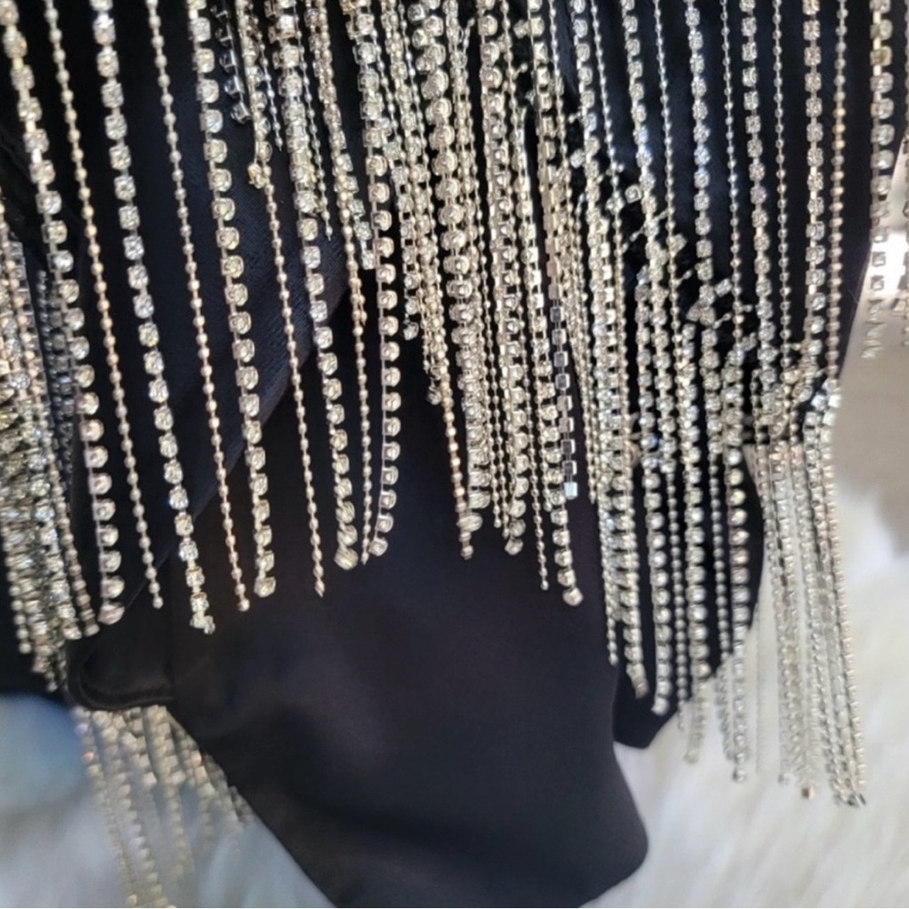 Free People ‘Deena’ Cropped Blazer Rhinestone Fringe Black Satin Blazer M EUC - Picture 8 of 10